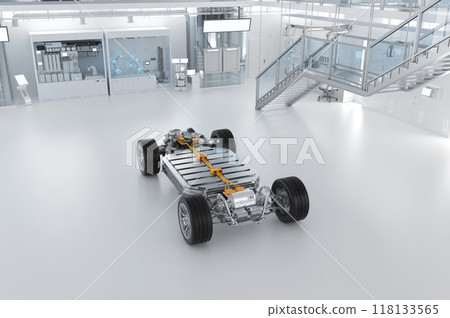 Ev car with pack of battery cells module on platform in laboratory Ev car with pack of battery cells module on platform in laboratory 118133565