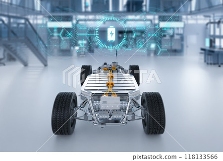 Ev car with pack of battery cells module on platform in laboratory 118133566