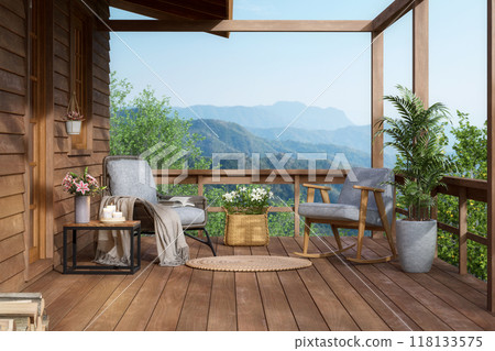 Relaxing balcony of a wooden house with mountain 3d render, 118133575