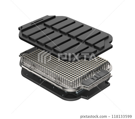 Exploded view of black ev battery pouch with cylindrical cells 118133599