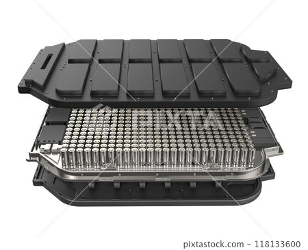 Exploded view of black ev battery pouch with cylindrical cells Exploded view of black ev battery pouch with cylindrical cells 118133600