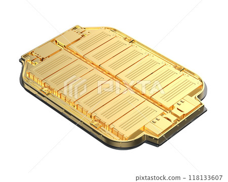 Golden electric vehicle battery or pack of lithium-ion pouch cells module isolated on white Golden electric vehicle battery or pack of lithium-ion pouch cells module isolated on white 118133607