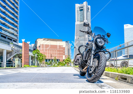 Touring Yokohama on a large American motorcycle No people 118133980