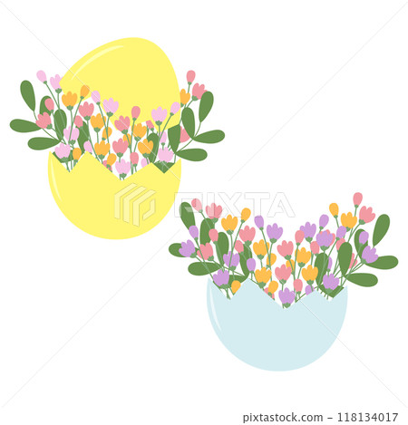 Egg shell with colorful flowers and twigs bouquet. Set of 2 spring or Easter composition Isolated 118134017