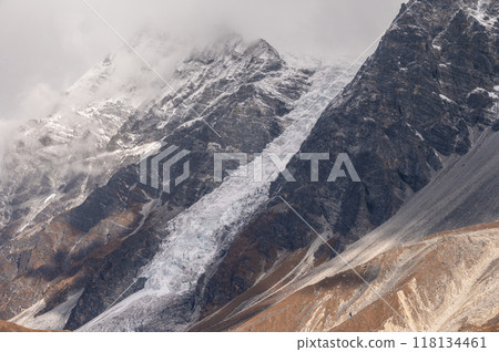 View of Langtang glacier seen from Tsergo Ri peak in Langtang national park of Nepal. 118134461