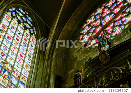 Beautiful stained glass windows inside the church 118134507