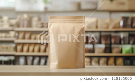 AI-generated realistic depiction of a brown food zip bag mockup and minimalist store shelf AI-generated realistic depiction of a brown food zip bag mockup and minimalist store shelf 118135000