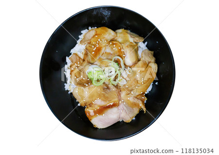 Top view of Grilled Pork Rice Bowl, focus selective Top view of Grilled Pork Rice Bowl, focus selective 118135034