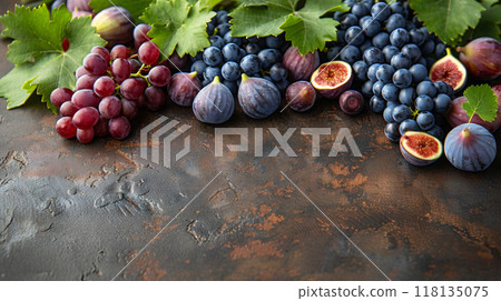 Autumn fruits on a table 118135075
