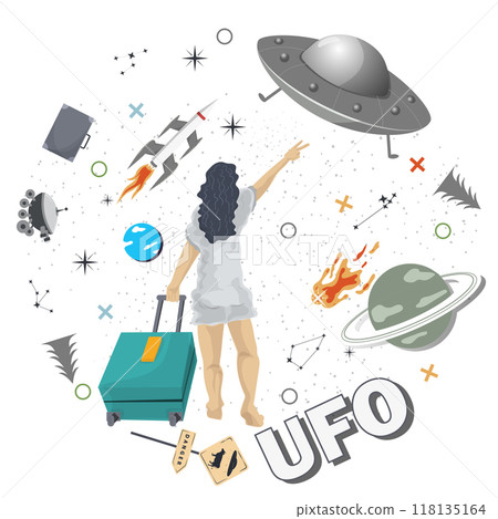 A girl in white with a suitcase waving at a flying UFO round flat illustration childrens doodle A girl in white with a suitcase waving at a flying UFO round flat illustration childrens doodle 118135164