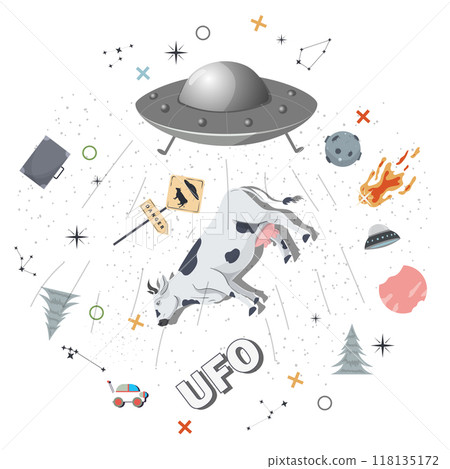 Ufo kidnaps a cow round flat illustration of childrens doodles Ufo kidnaps a cow round flat illustration of childrens doodles 118135172