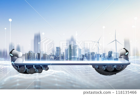 Ai robot in development city and digital network connection 118135466