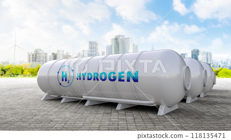 Hydrogen storage system on cityscape background 118135471