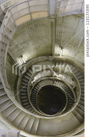 Looking down from the top of the spiral staircase: A spiral staircase leading down to the fish ladder at Okutama Shiromaru Dam 118135890