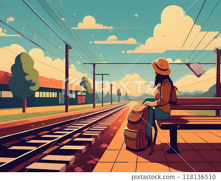 A female traveler waiting for a train on the platform of a small station A female traveler waiting for a train on the platform of a small station 118136510