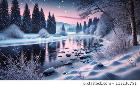 Snowy morning river 118136751
