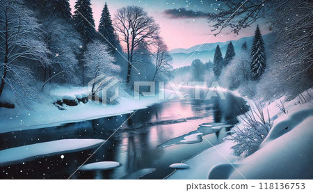Snowy morning river 118136753