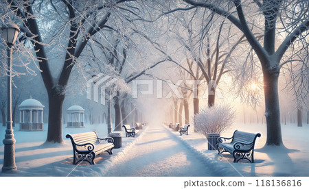 白雪皚皚的公園長椅 118136816