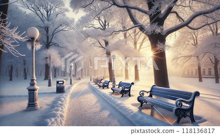 Snowing park bench 118136817