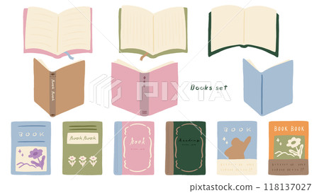 一套打開的書籍和各種書籍封面,可愛的手繪插圖 一套打開的書籍和各種書籍封面,可愛的手繪插圖 118137027