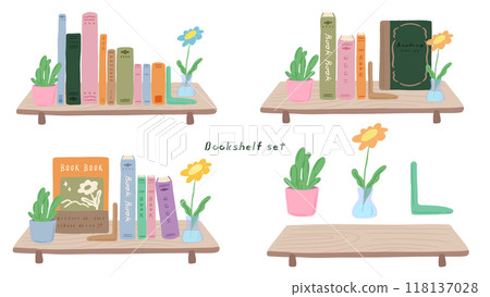 書架上排列著一套書籍和植物，可愛的手繪插圖 118137028