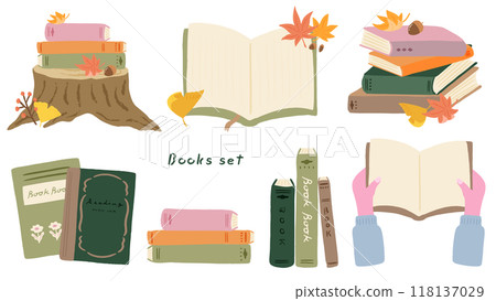 秋天，手裡拿著書，一套堆放的書，可愛的手繪插圖 118137029