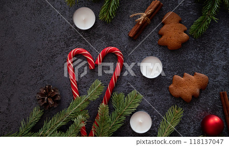 New years cover. Greeting card with gingerbread christmas tree. New years cover. Greeting card with gingerbread christmas tree. 118137047