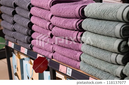 Multi colors Stack of bath towels. towels in a stack on the shelves in the supermarket. family shopping. 118137077