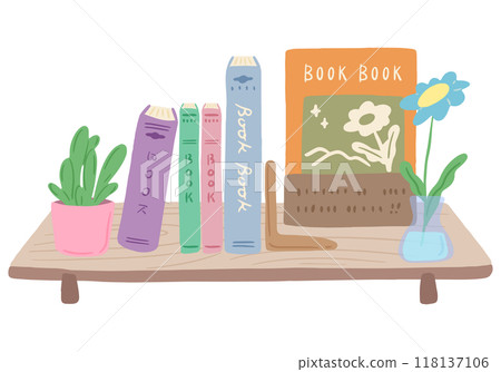 Bookshelf with books and potted plants, cute hand drawn illustration Bookshelf with books and potted plants, cute hand drawn illustration 118137106