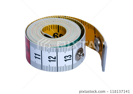 Tailor's tape measure rolled into a roll isolated on a transparent background. Sewing accessories 118137141