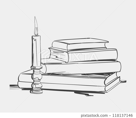 Stack of books with candle line drawing 118137146