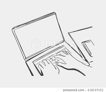 Line Drawing of Hands Typing on Laptop Keyboard 118137151