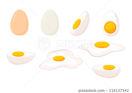 Cartoon egg isolated on white background. Set of fried, boiled, half, sliced eggs. Vector illustration. Eggs in various forms. Cartoon egg isolated on white background. Set of fried, boiled, half, sliced eggs. Vector illustration. Eggs in various forms. 118137342