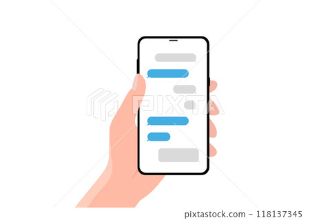Hand holing smartphone with speech bubble. Using smart phone for text messaging Hand holing smartphone with speech bubble. Using smart phone for text messaging 118137345