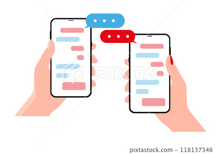 Hands holing smartphone with speech bubble. Using smart phone for text messaging Hands holing smartphone with speech bubble. Using smart phone for text messaging 118137346