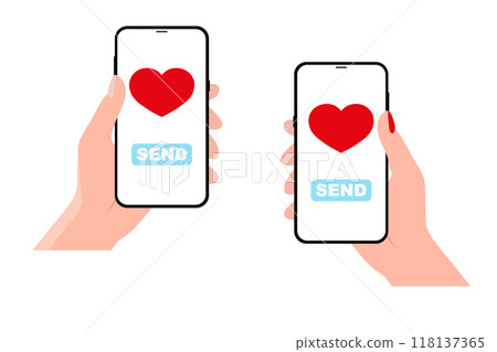 Online dating concept. Hands holding smartphone with heart. 118137365