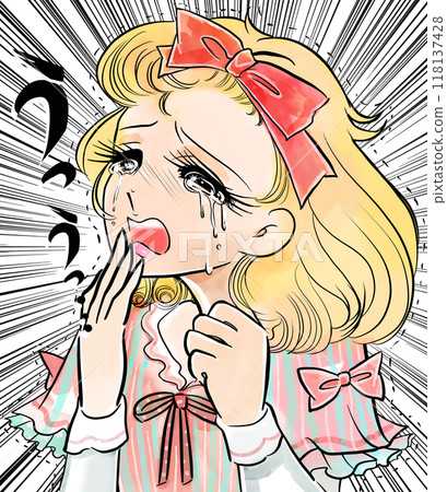 A 70s-style girl's manga, with a blonde lady with vertical curls crying tears of broken love and concentrated lines 118137428