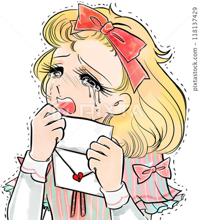 A young lady with blonde curls in the style of a 1970s shojo manga, shedding tears over a rejected love letter A young lady with blonde curls in the style of a 1970s shojo manga, shedding tears over a rejected love letter 118137429