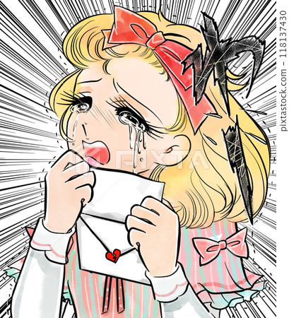 在 70 年代少女漫畫的風格中，一位金髮豎卷的年輕女士在回應一封寄給她的情書時流下了大滴眼淚。 118137430