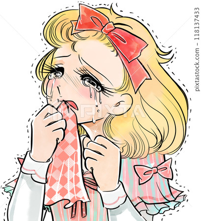 70s style girl manga, a young lady with blonde hair and vertical rolls biting a handkerchief after a broken heart, with a transparent background 70s style girl manga, a young lady with blonde hair and vertical rolls biting a handkerchief after a broken heart, with a transparent background 118137433