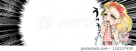 A wide-sized illustration of a young lady with blonde hair in vertical rolls biting a handkerchief after a broken heart, in the style of a 1970s girls' manga 118137439