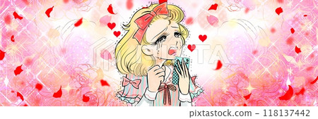 A wide-format image of a young lady with blonde hair in vertical curls, in the style of a 1970s girls' manga, holding a cell phone in one hand and crying big tears after a broken heart. A wide-format image of a young lady with blonde hair in vertical curls, in the style of a 1970s girls' manga, holding a cell phone in one hand and crying big tears after a broken heart. 118137442