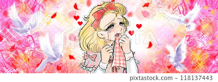 有著70年代少女漫畫的風格，在舞動的玫瑰和白鴿的背景下，金髮豎卷的少女感動而流下大滴眼淚。 118137443
