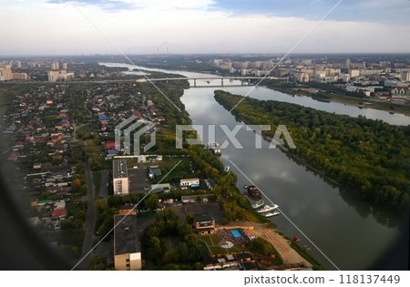 View from the plane when landing on an industrial city 118137449