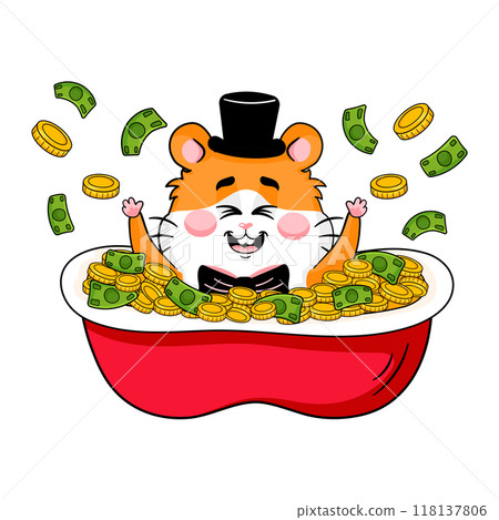 Playful Hamster Takes a Coin Bath in Cartoon Style Playful Hamster Takes a Coin Bath in Cartoon Style 118137806