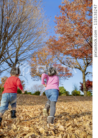 Back view of sister and brother running through autumnal park 118138247