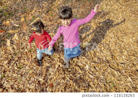 Older sister and younger brother playing in a park with autumn leaves 118138263