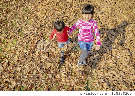 Older sister and younger brother playing in a park with autumn leaves 118138266