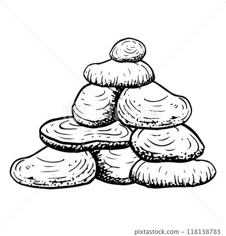 Balance stones pyramid black and white vector illustration. Sea rocks pile ink sketch. Hand drawn line graphic pebbles for spa and marine designs Balance stones pyramid black and white vector illustration. Sea rocks pile ink sketch. Hand drawn line graphic pebbles for spa and marine designs 118138783
