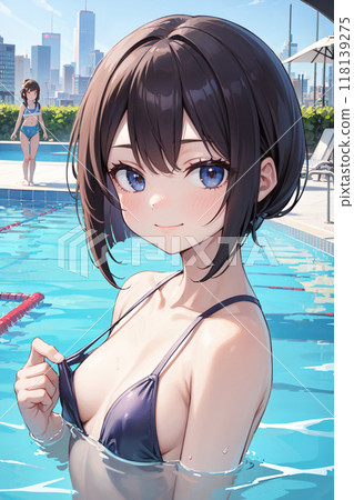 穿著黑色比基尼泳裝的女孩在泳池裡 穿著黑色比基尼泳裝的女孩在泳池裡 118139275